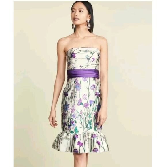 Marchesa Notte Mikado Satin Strapless Ivory Floral Sash Cocktail Dress Size 8 - Picture 1 of 15